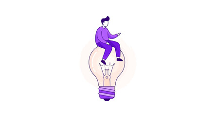 Creative illustration of a man with a new idea sitting on a glowing light bulb