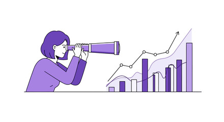 Woman with telescope looking at a growing graph depicting financial analysis and future growth