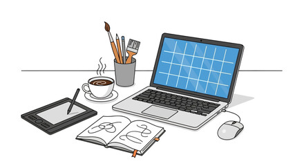 Illustration of creative workspace with digital tablet, laptop, sketchbook and coffee showcasing