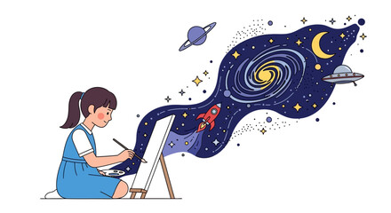 A girl artist paints a cosmic dream a universe filled with celestial bodies and fantastical