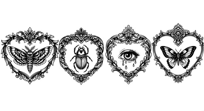 Heart frames with gothic tattoo elements