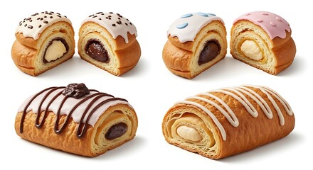 Assortment of sweet pastries with various fillings isolated