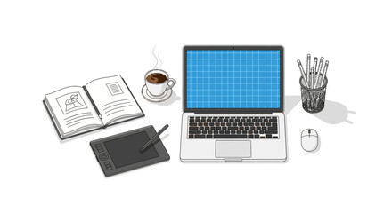 Modern designer's creative workspace featuring a laptop, drawing tablet, and coffee enhancing
