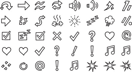 Hand drawn style line art icon set representing various concepts
