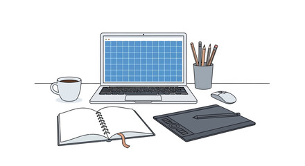 Creative Workspace Illustration with Laptop, Graphics Tablet, Sketchbook and Coffee on Desk