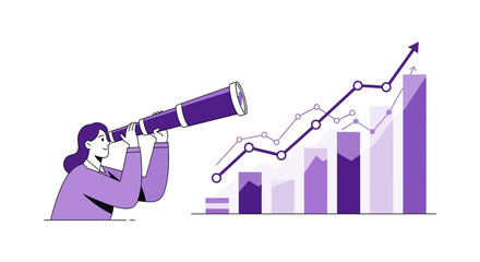 Illustrative business vision with woman using a telescope to observe a growth chart analysis