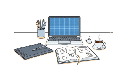 Artistic workspace illustration showcasing a laptop, tablet, sketchbook, and coffee, perfect for