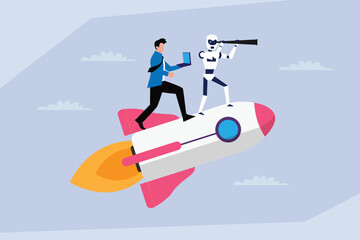 Business Innovation and AI Partnership, Man and Robot Flying on Rocket for Startup Growth and Future Vision 2d flat vector illustration