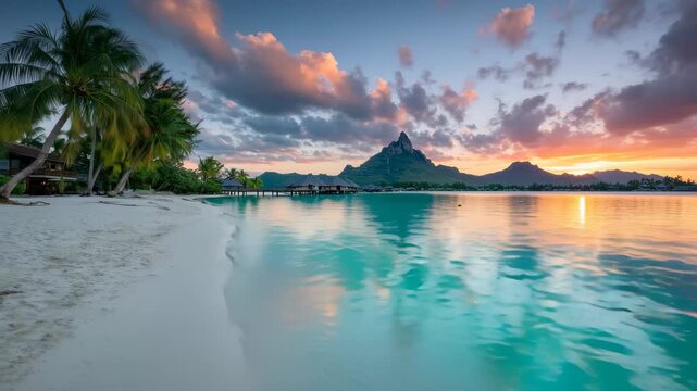 Sunset casting golden light over the tranquil beach in Bora Bora with lush palm trees and a mountain silhouette