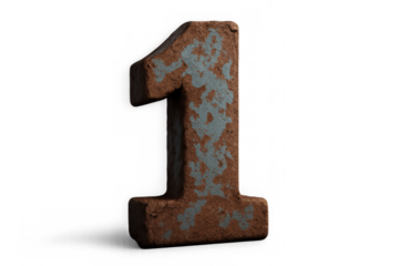 Number one sign of success and leadership, old rusted metal numeral showing age and wear, isolated with transparent background