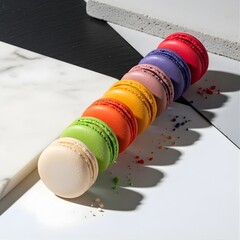 Colorful French Macarons in a Row on Modern Surface – Sweet Pastry Dessert Food Concept