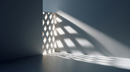 Abstract geometric light and shadow pattern cast on white wall through lattice window in minimalistic interior space