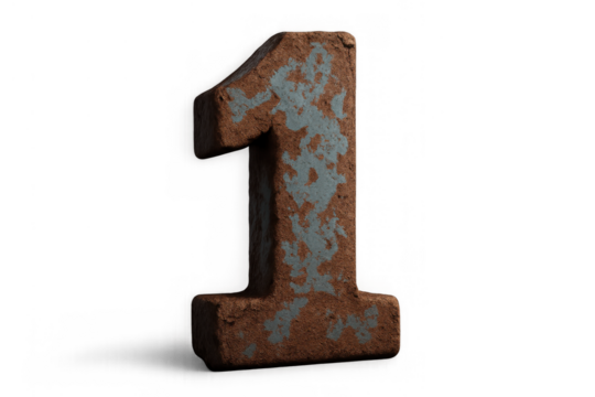 Number one sign of success and leadership, old rusted metal numeral showing age and wear, isolated with transparent background