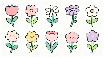 A set of hand-drawn flower icons in pastel colors. Simple and charming floral designs suitable for stickers, graphic elements, and digital decoration.