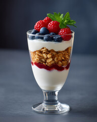 Yogurt parfait with fresh berries and granola for breakfast