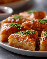 Baklava dessert on plate with pistachios and honey syrup