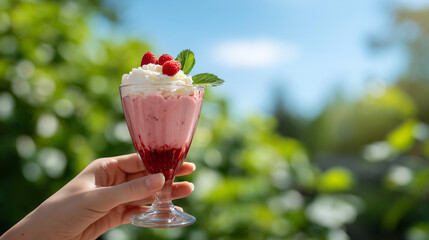 Person holding raspberry milkshake with whipped cream outdoors