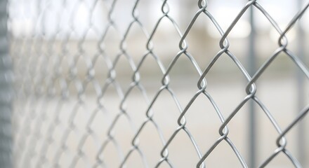 Fototapeta premium Close up view of metal chain link fence with blurred background. Security and delimitation concept, abstract texture for design element.