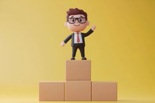 Cheerful cartoon businessman standing on blocks against yellow background
