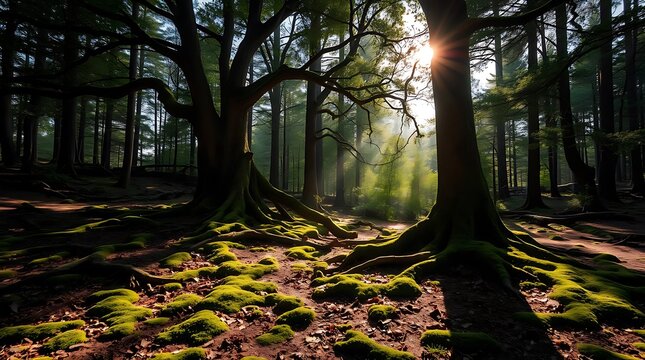 An ultra-realistic scene of a serene forest clearing, dappled sunlight illuminating the moss-covered ground and ancient trees
