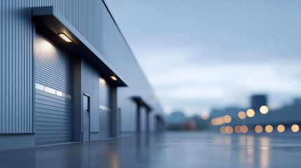 Modern industrial warehouse exterior with metal roller doors and illuminated wall lights during dusk with blurred city background