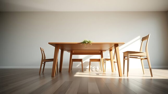 Ultra-realistic photography of a minimalist dining set, clean lines, natural wood grain, soft diffused light, neutral tones, eye-level perspective, shallow depth of field