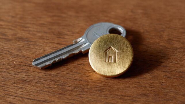 Set of keys lying on a wooden surface. the keys are silver in color and have a round, gold-colored keychain attached to them. the keychain has a small, intricate design of a house on it. - Powered by Adobe