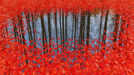 Red Leaves Framing Forest Reflection in Water