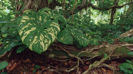 Tropical Jungle with Variegated Monstera Leaf