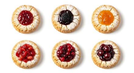 Assorted jam filled cookies on white background