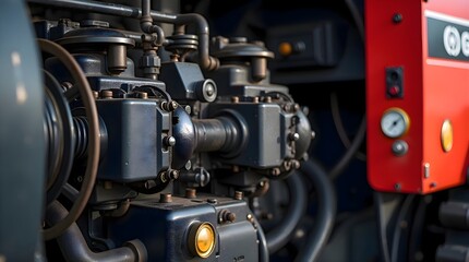 Close up view of a complex arrangement of industrial pipes, metal valves, and connecting fittings showing detailed textures and engineering components in a mechanical environment