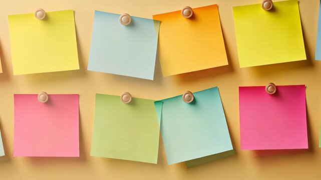 Colorful sticky notes fluttering sequence on corkboard in office setting