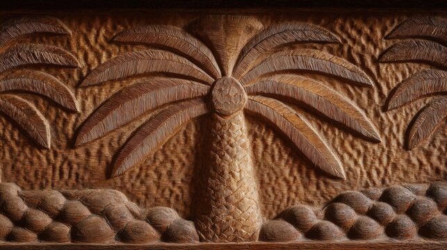 Close-up of a wooden panel with a carved design of a palm tree. the panel is made of a light-colored wood and has a textured surface. - Powered by Adobe