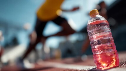 Brightly colored sports drink bottle in focus while athletes sprint on a track during a sunny day
