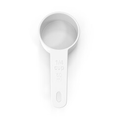 White plastic measuring scoop, 1/4 cup, 60 ml volume