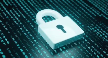 Padlock symbolizes digital security with encryption and data protection against cyber threats in a technology landscape