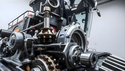 Fototapeta premium Close up of a machine with visible gears, cogs, and mechanical parts showing detailed textures and industrial design in a workshop or factory environment with natural and artificial lighting