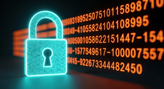 Glowing padlock with binary code represents digital security and data protection in cyberspace