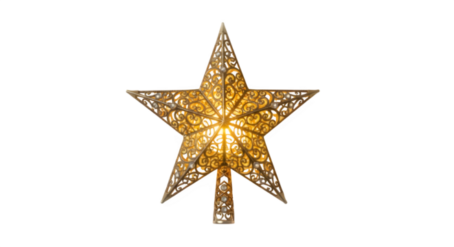 A beautiful and intricate golden star, isolated on transparent background, perfect for holiday decorations, christmas tree toppers, or adding a touch of elegance to any design