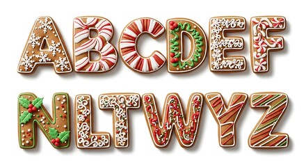 Decorated gingerbread alphabet letters on white background