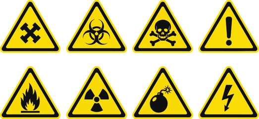 Hazardous Material Safety Warning Signs with Symbol Black on Yellow Background