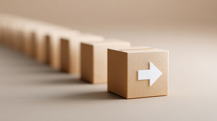 Row of beige wooden cubes with white arrow symbol on front cube representing direction and progress in minimalistic composition