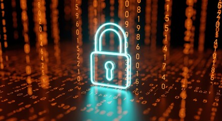 Digital security padlock icon glows among flowing data streams for technology and network protection emphasizing cybersecurity solutions