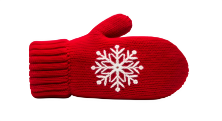 Cozy red knitted mitten adorned with a delicate white snowflake, isolated on transparent background perfect for winter warmth and festive cheer, adding a touch of handmade charm to any occasion