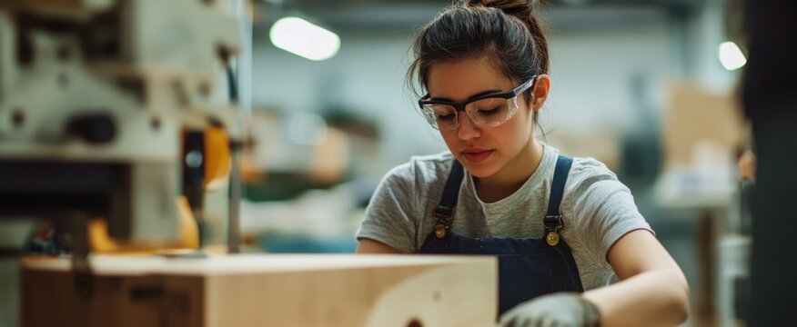 Young Woman Working in Workshop on Wooden Crafting Project