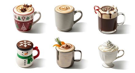 Variety of specialty coffee drinks with decorative toppings