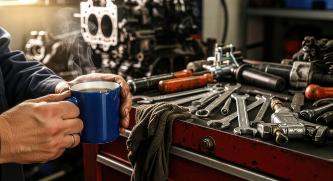 Mechanic Taking Coffee Break Amidst Tools and Engine