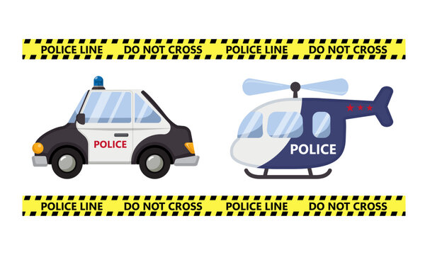 Cute police car and helicopter emergency services with crime scene tape line