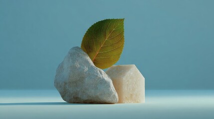 Two objects on a light blue background. on the left side of the image, there is a large rock with a single green leaf resting on top of it.