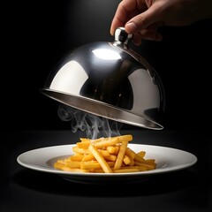 Steaming French Fries Served Under Silver Cloche – Gourmet Hot Food Presentation Concept